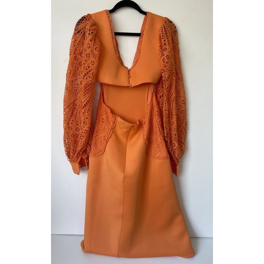 ASOS DESIGN Orange Puff Sleeve Broderie Midi Skater Dress Ruched Bodice NWOT - Picture 6 of 8